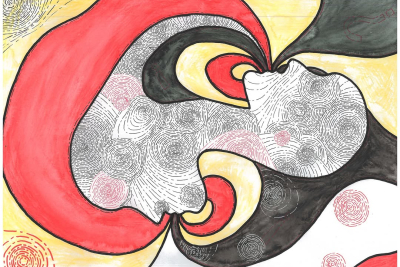 Picture of an ambivilent two headed character in a yin/yang positioning. One has red hair flowing into the mouth of the other and one has black hair flowing into the mouth of the other. It is a representation of forward/backward which is its title.