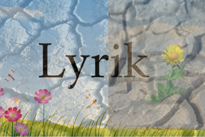 Grafisk komposition af blomster. himmel, marker og udtørret jord med teksten' lyrik' henover