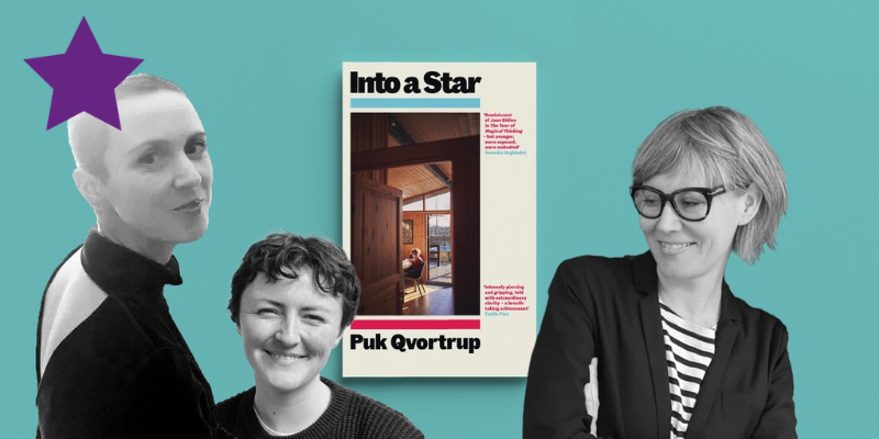 Forfatter Puk Qvortrup, oversætter Hazel Evans og moderator Gyrith Ravn med forsiden af bogen i baggrunden