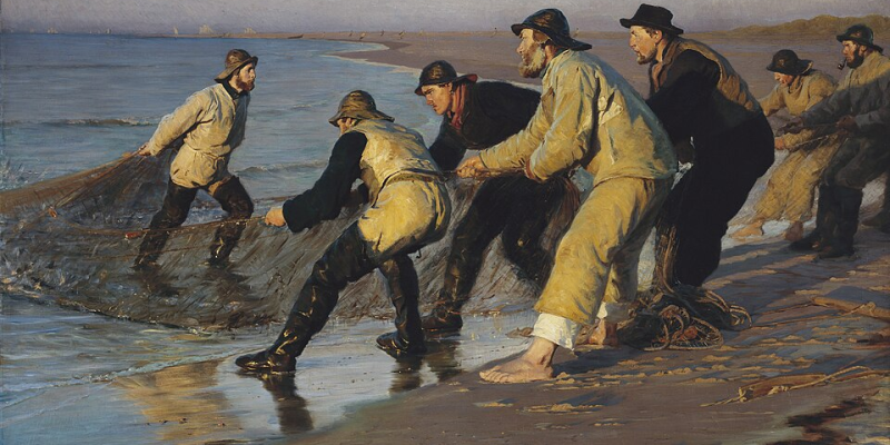 Maleri af P.S. Krøyer “Fiskere trækker vod på Skagen Nordstrand. Sildig eftermiddag”.